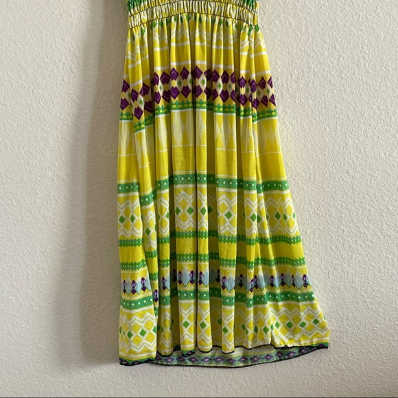 Romantic SINI sheer yellow midi dress with purple & green tribal pattern - Picture 3 of 11